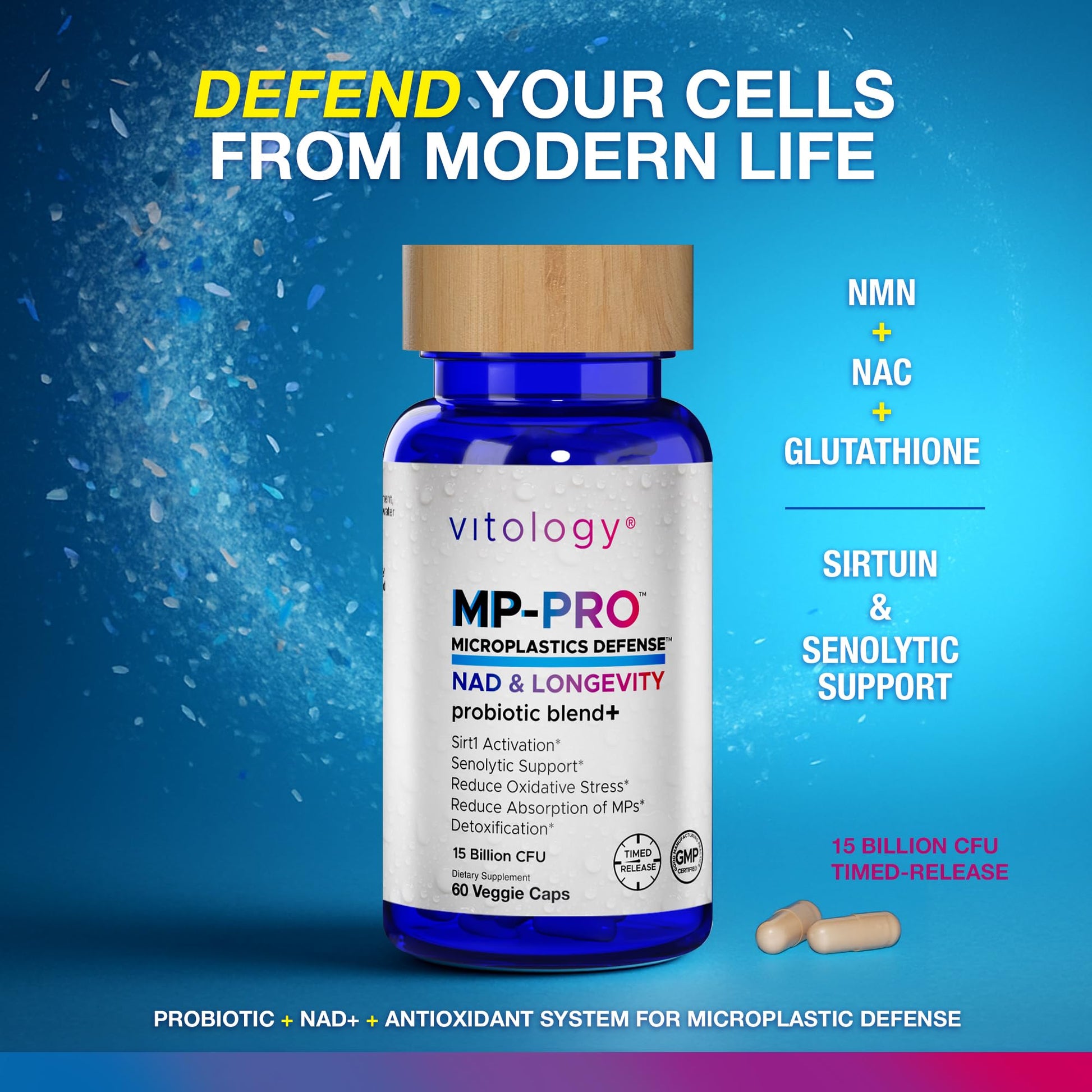 Vitology MP-PRO Microplastics Defense | 15 Billion CFU Probiotic + Antioxidant Blend | NMN, NAC, Glutathione, Resveratrol & Charcoal | Supports Cellular Detox, Longevity & Gut Health – 60 Capsules - Maple Wellness Supplements
