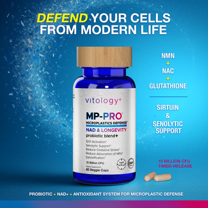 Vitology MP-PRO Microplastics Defense | 15 Billion CFU Probiotic + Antioxidant Blend | NMN, NAC, Glutathione, Resveratrol & Charcoal | Supports Cellular Detox, Longevity & Gut Health – 60 Capsules - Maple Wellness Supplements
