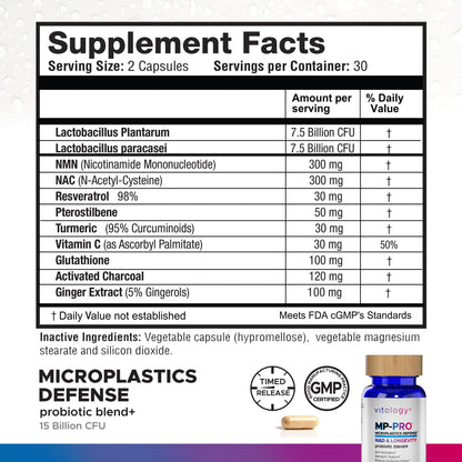 Vitology MP-PRO Microplastics Defense | 15 Billion CFU Probiotic + Antioxidant Blend | NMN, NAC, Glutathione, Resveratrol & Charcoal | Supports Cellular Detox, Longevity & Gut Health – 60 Capsules - Maple Wellness Supplements