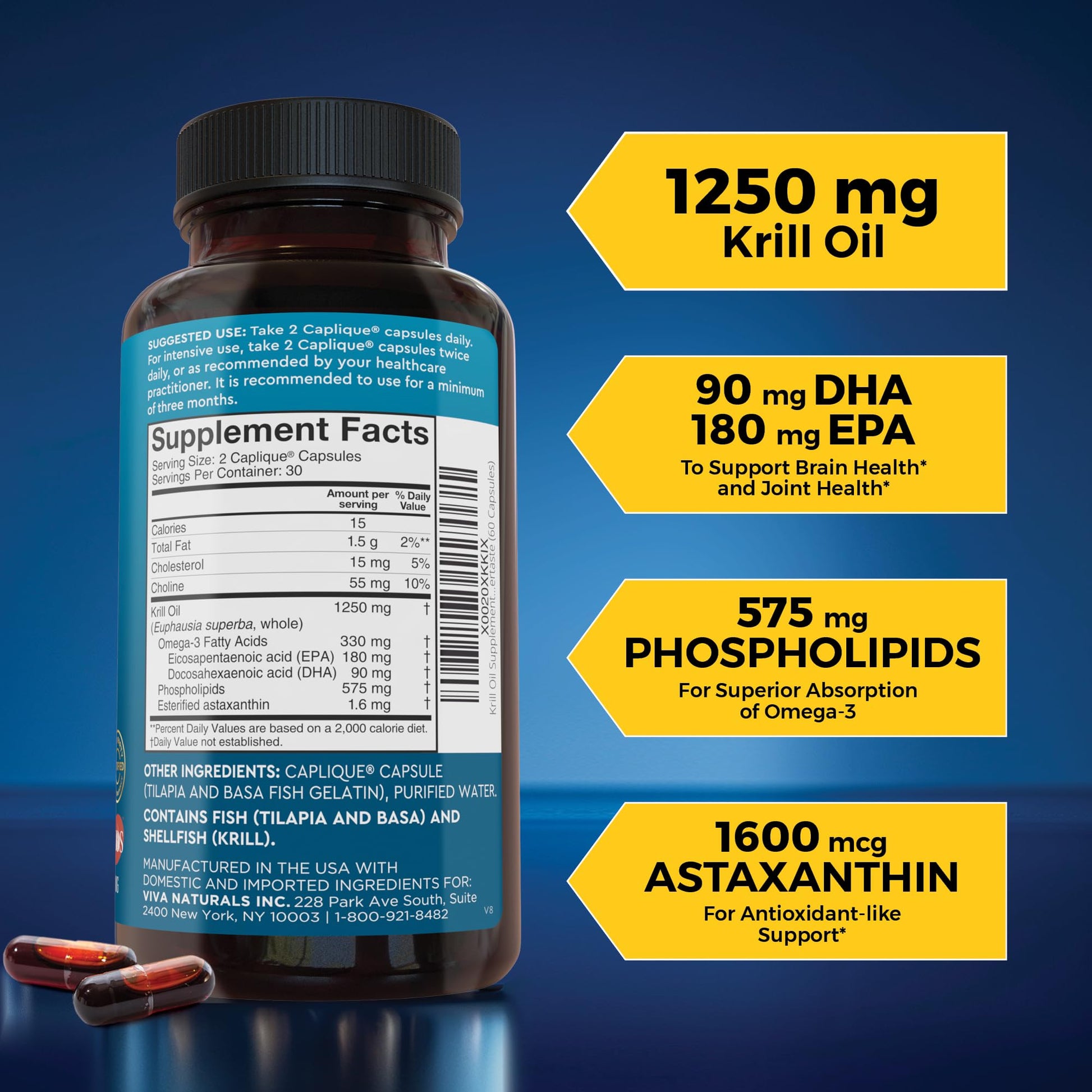 Viva Naturals Antarctic Krill Oil Omega 3 Supplements 1250 mg - DHA EPA Omega-3 & Astaxanthin Concentration for Joint Health, - Maple Wellness Supplements