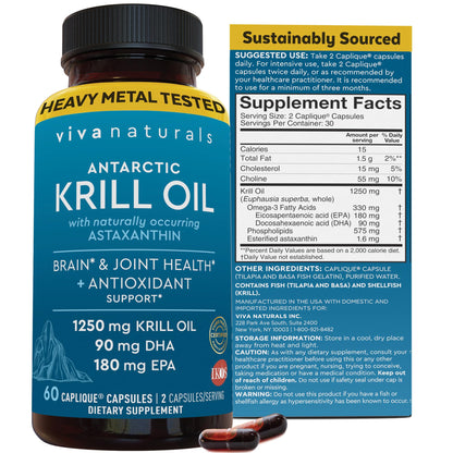 Viva Naturals Antarctic Krill Oil Omega 3 Supplements 1250 mg - DHA EPA Omega-3 & Astaxanthin Concentration for Joint Health, - Maple Wellness Supplements