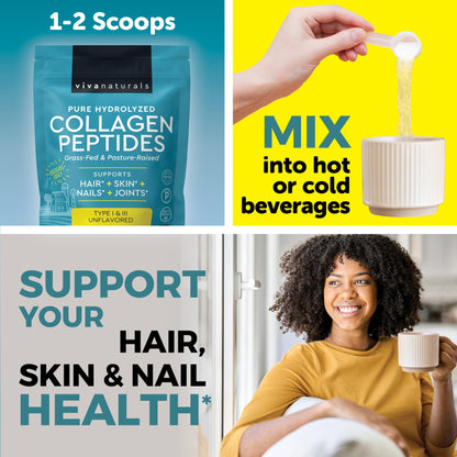 Viva Naturals Collagen Peptides Powder - Grass-Fed Hydrolyzed Bovine, Type I & III - 19 g Protein, Unflavored, Easy Dissolving - Joint, Skin, Hair & Nail Support - Paleo, Keto, Non-GMO - 1lb - Maple Wellness Supplements