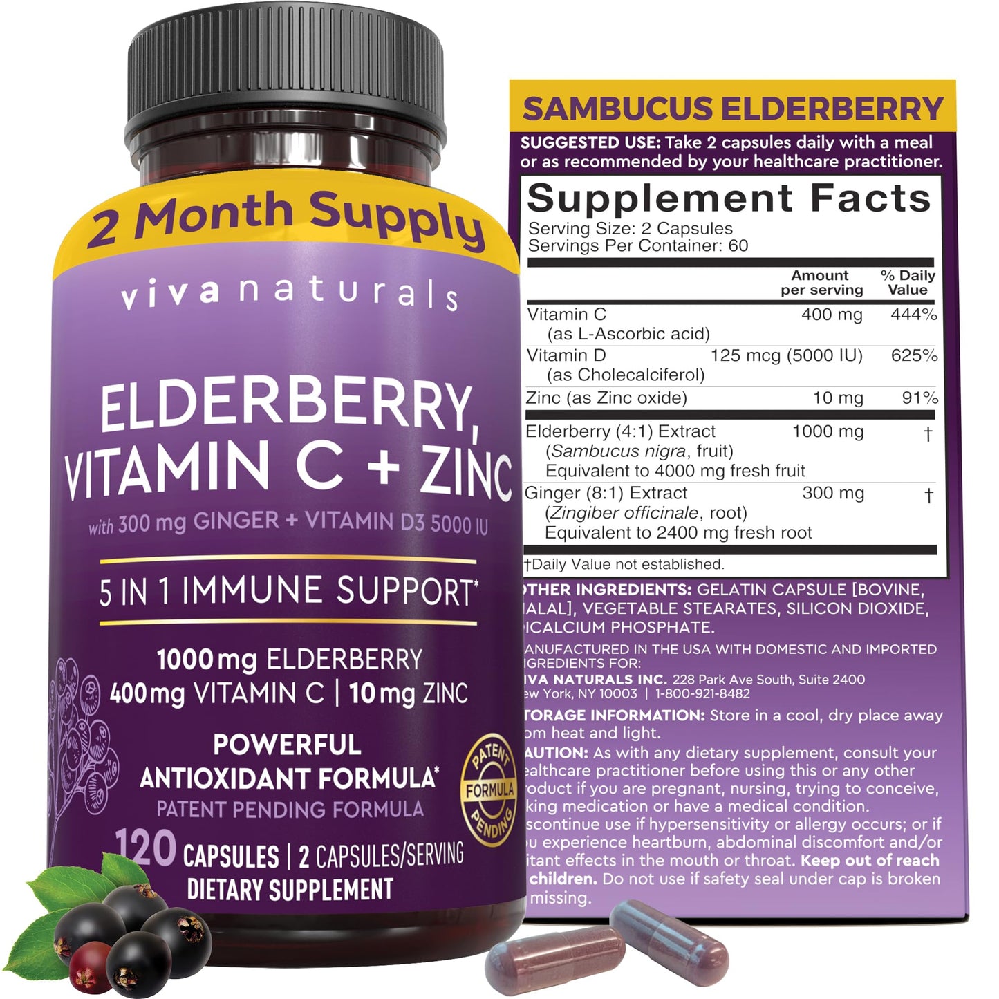 Viva Naturals Elderberry with Vitamin C and Zinc for Adults - 5 in 1 Sambucus Black Elderberry Capsules with Vitamin D3 5000 IU Immunity Supplement - Maple Wellness Supplements