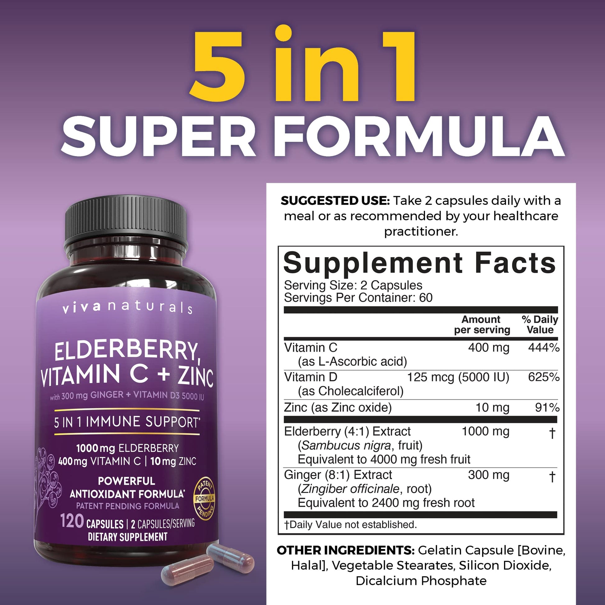 Viva Naturals Elderberry with Vitamin C and Zinc for Adults - 5 in 1 Sambucus Black Elderberry Capsules with Vitamin D3 5000 IU Immunity Supplement - Maple Wellness Supplements