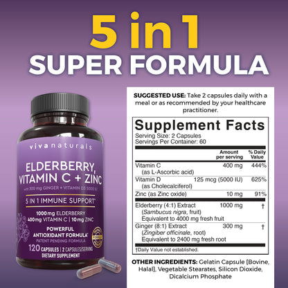 Viva Naturals Elderberry with Vitamin C and Zinc for Adults - 5 in 1 Sambucus Black Elderberry Capsules with Vitamin D3 5000 IU Immunity Supplement - Maple Wellness Supplements