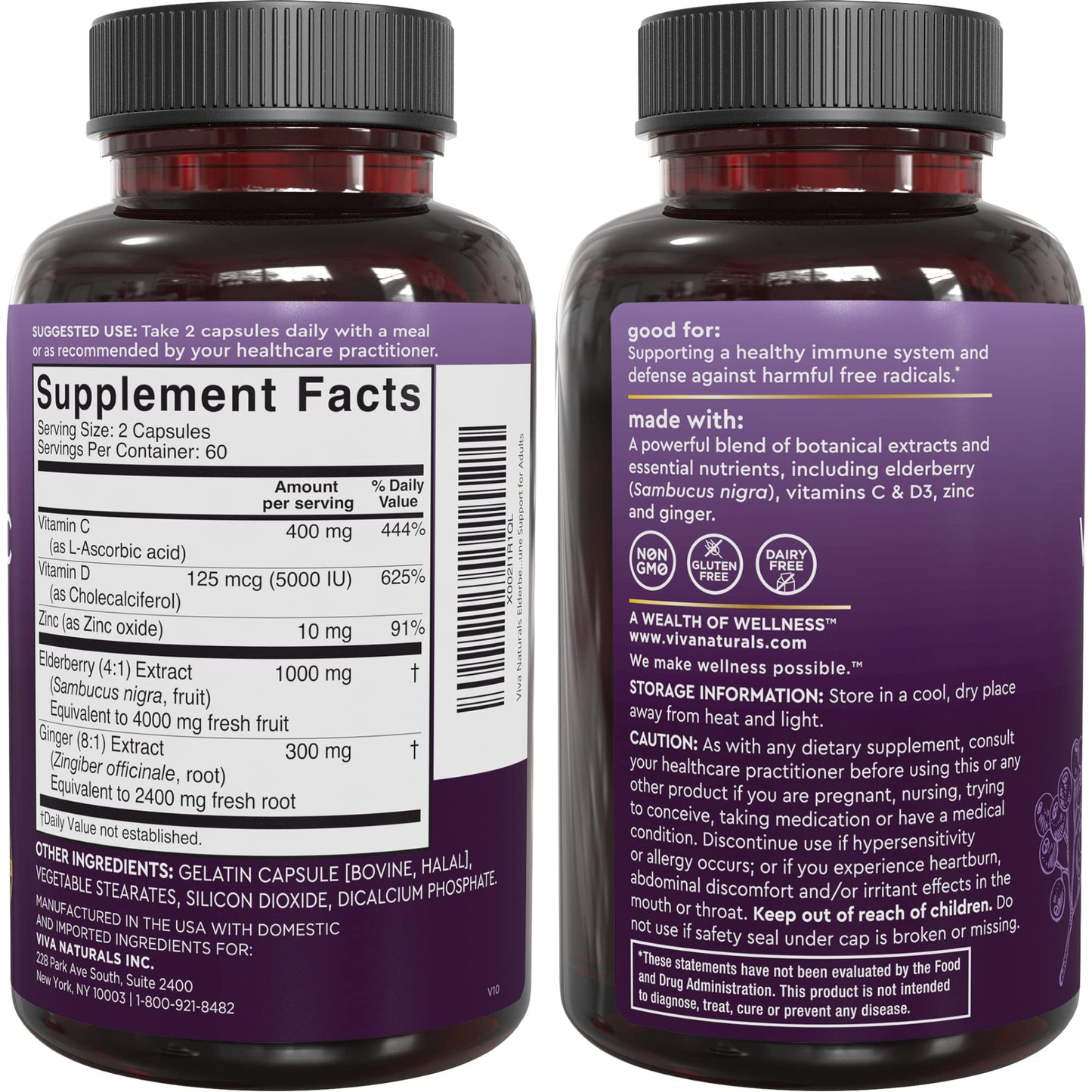 Viva Naturals Elderberry with Vitamin C and Zinc for Adults - 5 in 1 Sambucus Black Elderberry Capsules with Vitamin D3 5000 IU Immunity Supplement - Maple Wellness Supplements