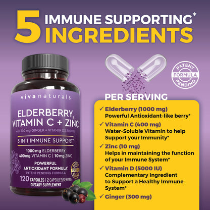 Viva Naturals Elderberry with Vitamin C and Zinc for Adults - 5 in 1 Sambucus Black Elderberry Capsules with Vitamin D3 5000 IU Immunity Supplement - Maple Wellness Supplements