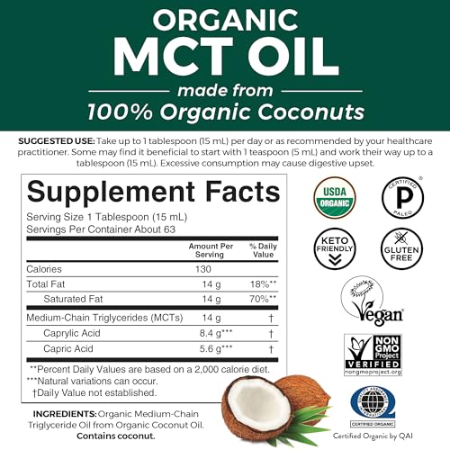 Viva Naturals Organic MCT Oil for Keto Coffee (32 fl oz) - Best MCT Oil Supplement - Maple Wellness Supplements
