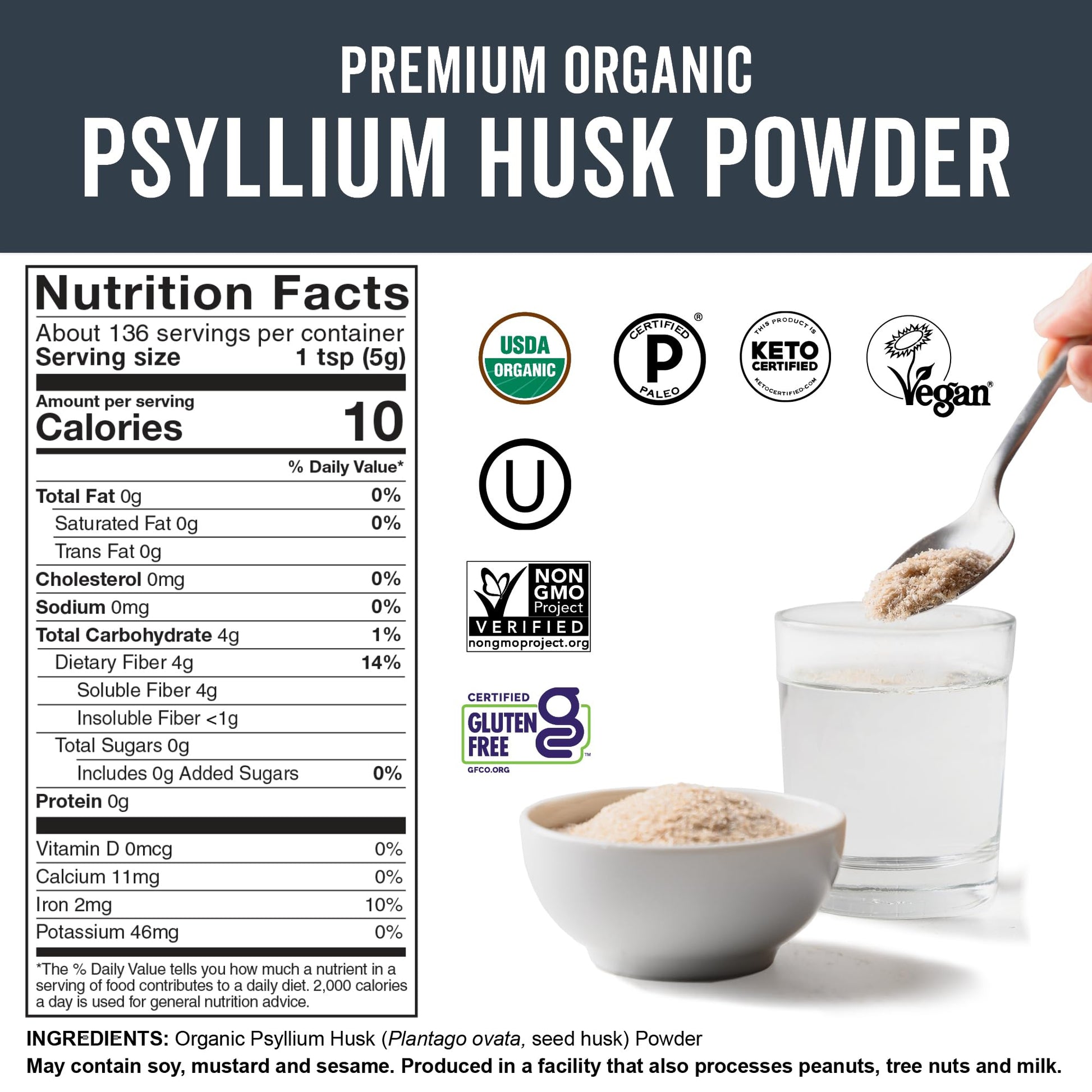 Viva Naturals Organic Psyllium Husk Powder, 24 oz – Finely Ground, Unflavored, Vegan, Keto, Paleo, Non-GMO Plant-Based Superfood, Good Source of Fiber for Gluten-Free Baking, Juices & Smoothies - Maple Wellness Supplements