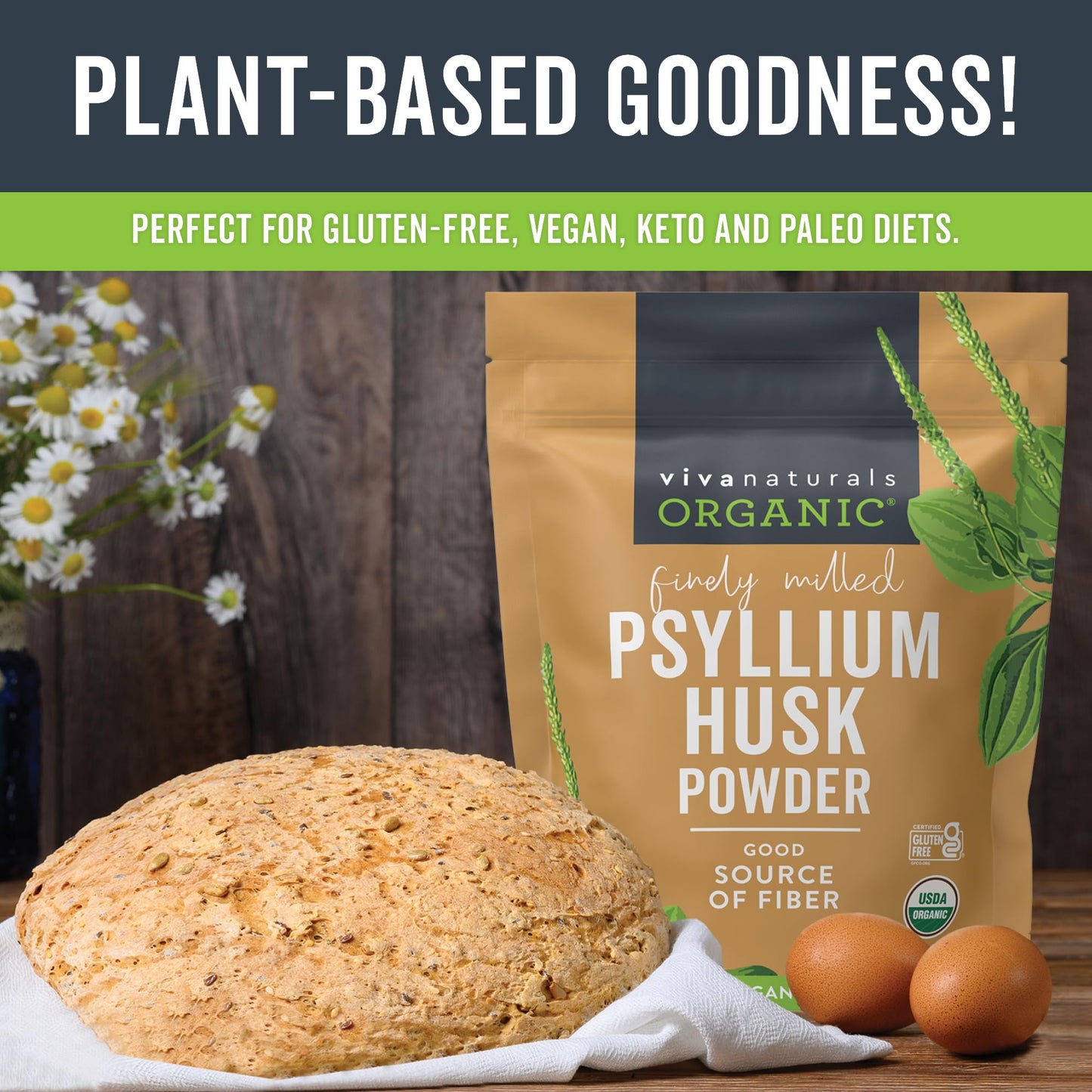 Viva Naturals Organic Psyllium Husk Powder, 24 oz – Finely Ground, Unflavored, Vegan, Keto, Paleo, Non-GMO Plant-Based Superfood, Good Source of Fiber for Gluten-Free Baking, Juices & Smoothies - Maple Wellness Supplements