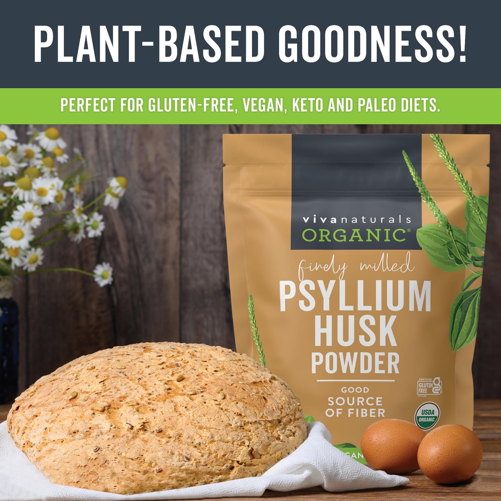 Viva Naturals Organic Psyllium Husk Powder, 24 oz – Finely Ground, Unflavored, Vegan, Keto, Paleo, Non-GMO Plant-Based Superfood, Good Source of Fiber for Gluten-Free Baking, Juices & Smoothies - Maple Wellness Supplements