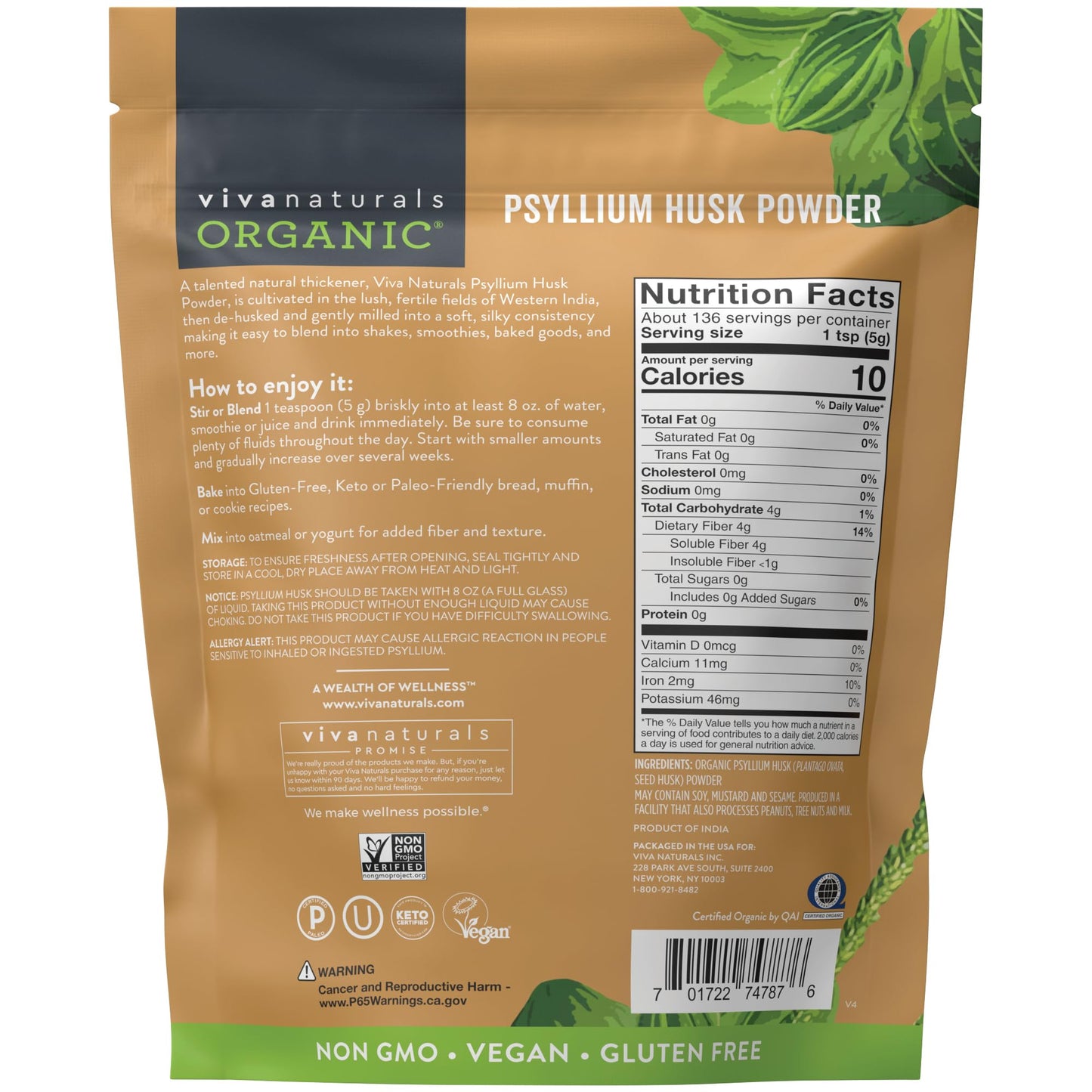 Viva Naturals Organic Psyllium Husk Powder, 24 oz – Finely Ground, Unflavored, Vegan, Keto, Paleo, Non-GMO Plant-Based Superfood, Good Source of Fiber for Gluten-Free Baking, Juices & Smoothies - Maple Wellness Supplements