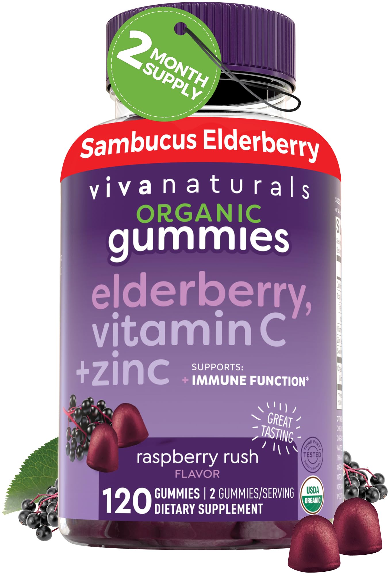 Viva Naturals Sambucus Elderberry Gummies for Adults - 150mg Black Elderberry Vitamin C and Zinc, 3-in-1 Daily Immune Support Gummies, Raspberry Rush Flavor - Maple Wellness Supplements