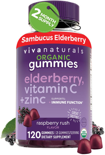 Viva Naturals Sambucus Elderberry Gummies for Adults - 150mg Black Elderberry Vitamin C and Zinc, 3-in-1 Daily Immune Support Gummies, Raspberry Rush Flavor - Maple Wellness Supplements