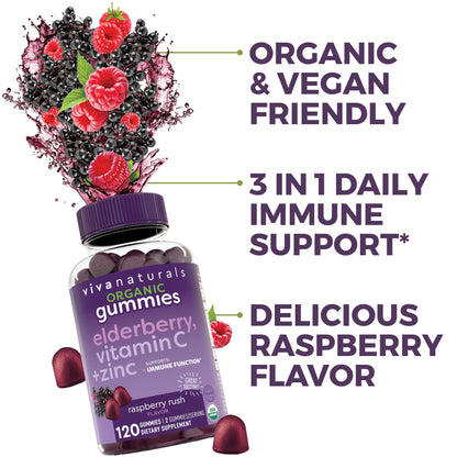 Viva Naturals Sambucus Elderberry Gummies for Adults - 150mg Black Elderberry Vitamin C and Zinc, 3-in-1 Daily Immune Support Gummies, Raspberry Rush Flavor - Maple Wellness Supplements