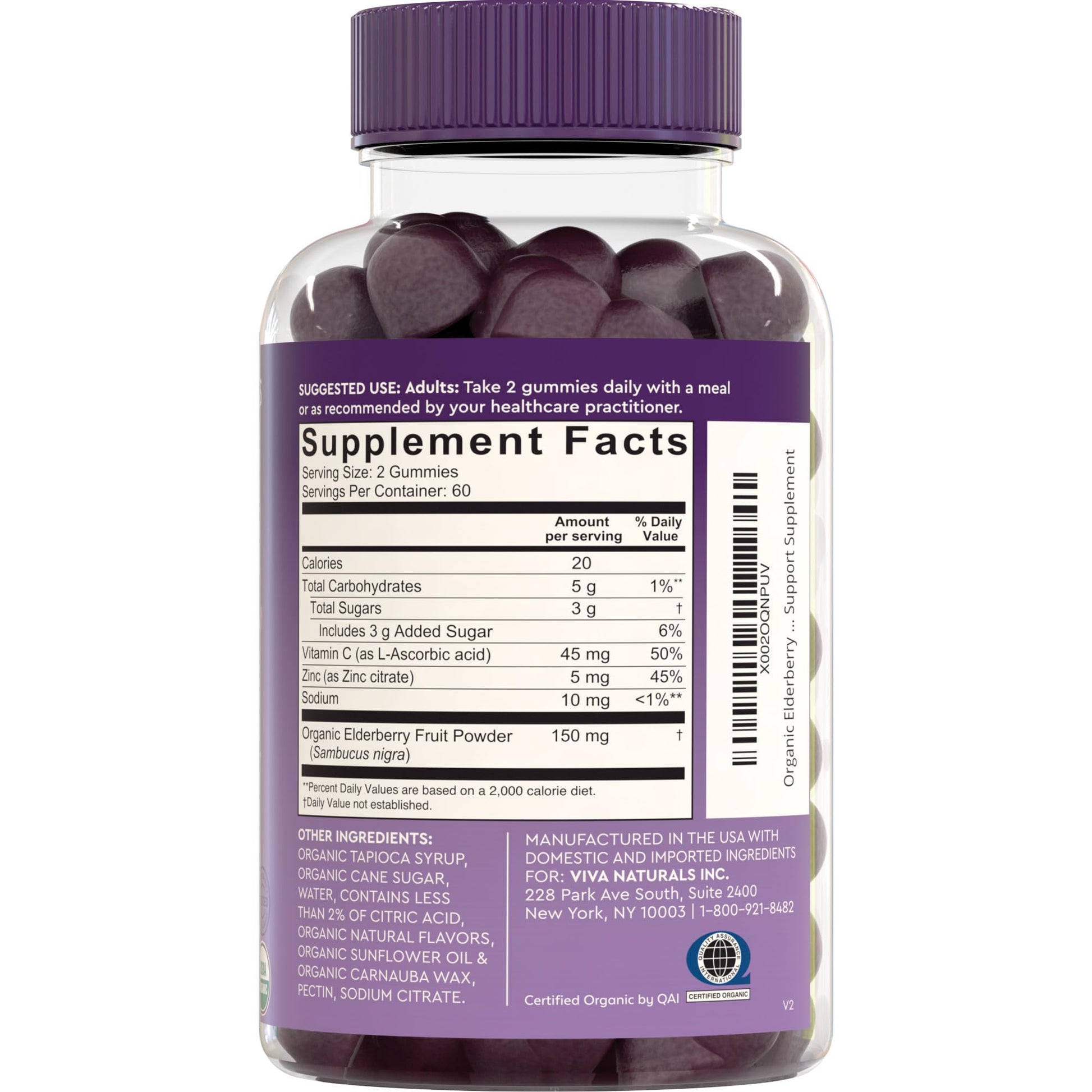 Viva Naturals Sambucus Elderberry Gummies for Adults - 150mg Black Elderberry Vitamin C and Zinc, 3-in-1 Daily Immune Support Gummies, Raspberry Rush Flavor - Maple Wellness Supplements