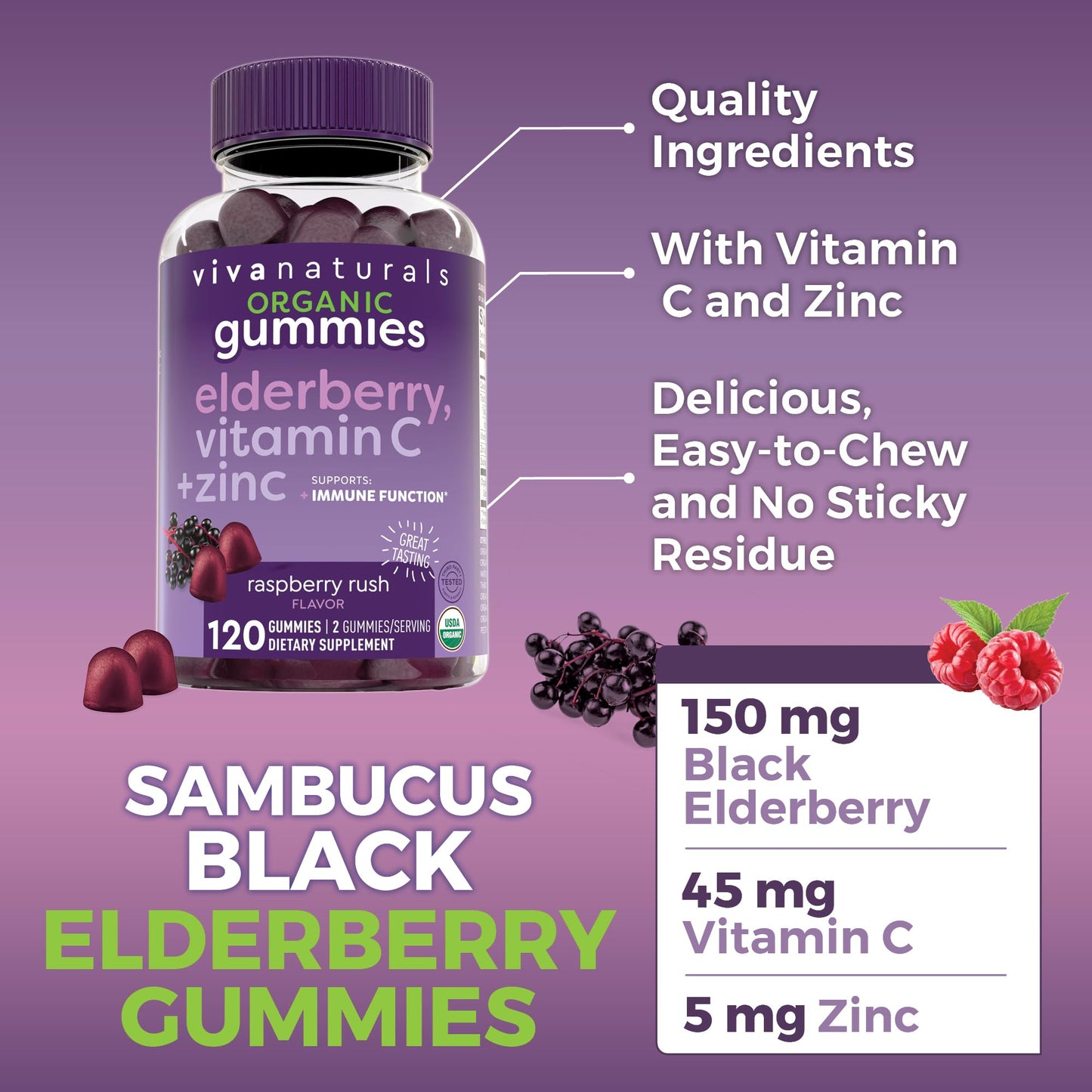 Viva Naturals Sambucus Elderberry Gummies for Adults - 150mg Black Elderberry Vitamin C and Zinc, 3-in-1 Daily Immune Support Gummies, Raspberry Rush Flavor - Maple Wellness Supplements