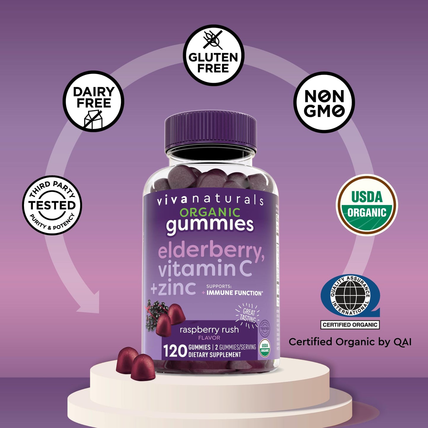 Viva Naturals Sambucus Elderberry Gummies for Adults - 150mg Black Elderberry Vitamin C and Zinc, 3-in-1 Daily Immune Support Gummies, Raspberry Rush Flavor - Maple Wellness Supplements