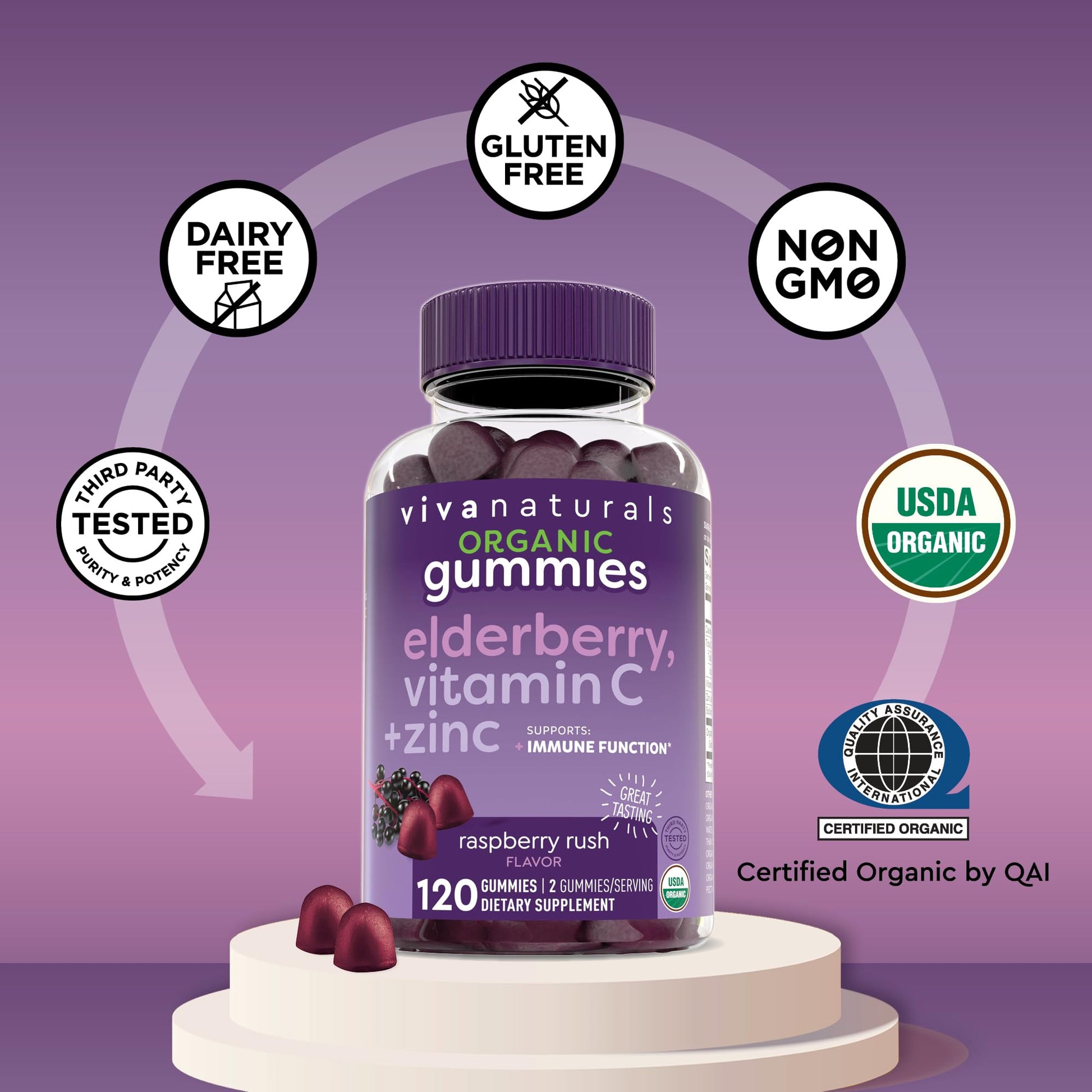 Viva Naturals Sambucus Elderberry Gummies for Adults - 150mg Black Elderberry Vitamin C and Zinc, 3-in-1 Daily Immune Support Gummies, Raspberry Rush Flavor - Maple Wellness Supplements