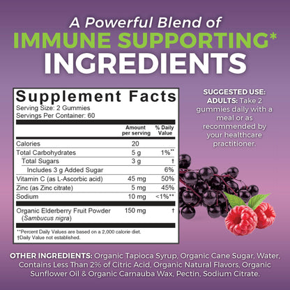 Viva Naturals Sambucus Elderberry Gummies for Adults - 150mg Black Elderberry Vitamin C and Zinc, 3-in-1 Daily Immune Support Gummies, Raspberry Rush Flavor - Maple Wellness Supplements