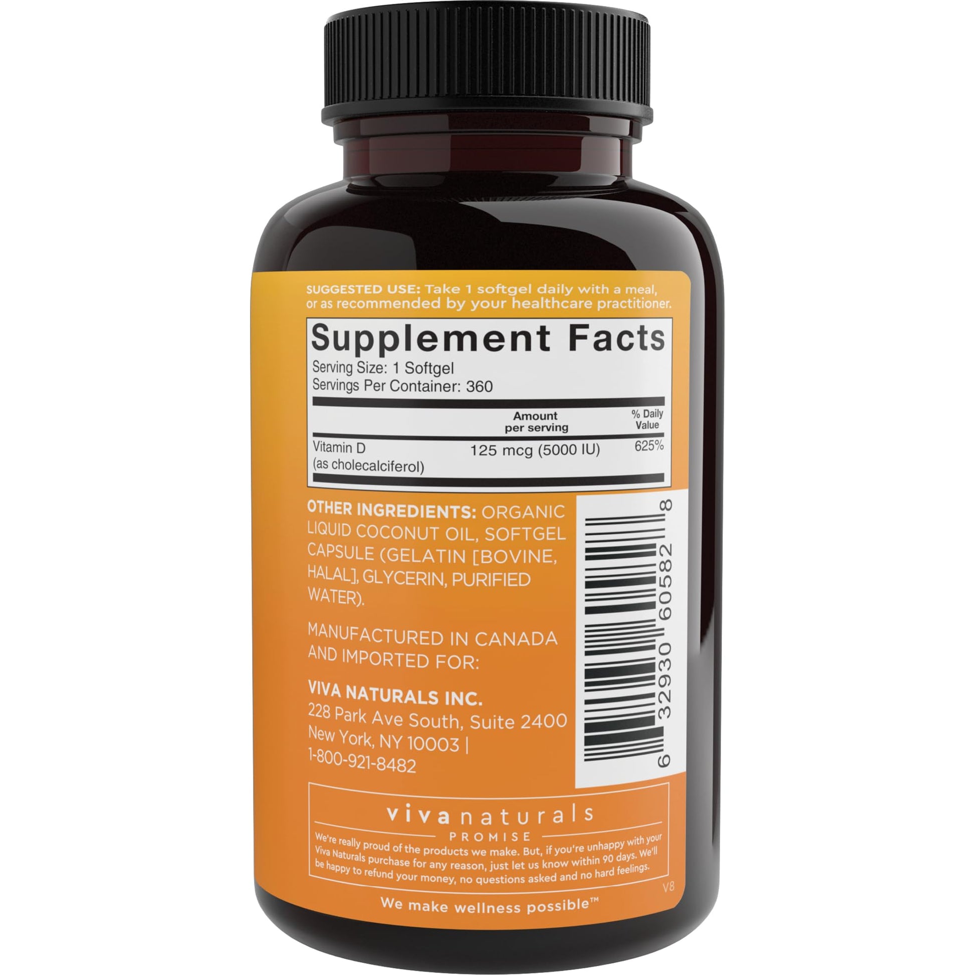 Viva Naturals Vitamin D3 5000 IU Softgels, 360 Count (125 mcg), Supports Bone & Immune Health, High Potency Vitamin D - Maple Wellness Supplements