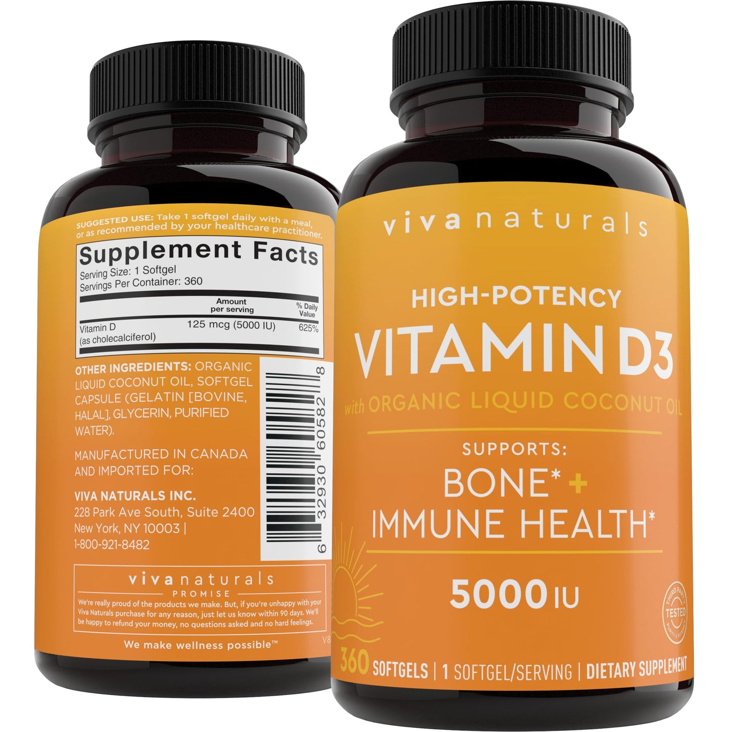 Viva Naturals Vitamin D3 5000 IU Softgels, 360 Count (125 mcg), Supports Bone & Immune Health, High Potency Vitamin D - Maple Wellness Supplements