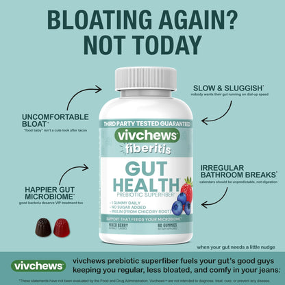 vivchews Gut Health Gummies – Prebiotic Fiber for Bloating Relief, No Sugar Added, Non-GMO, Fruit Pectin Based, Gluten-Free, No Artificial Colors, - Maple Wellness Supplements