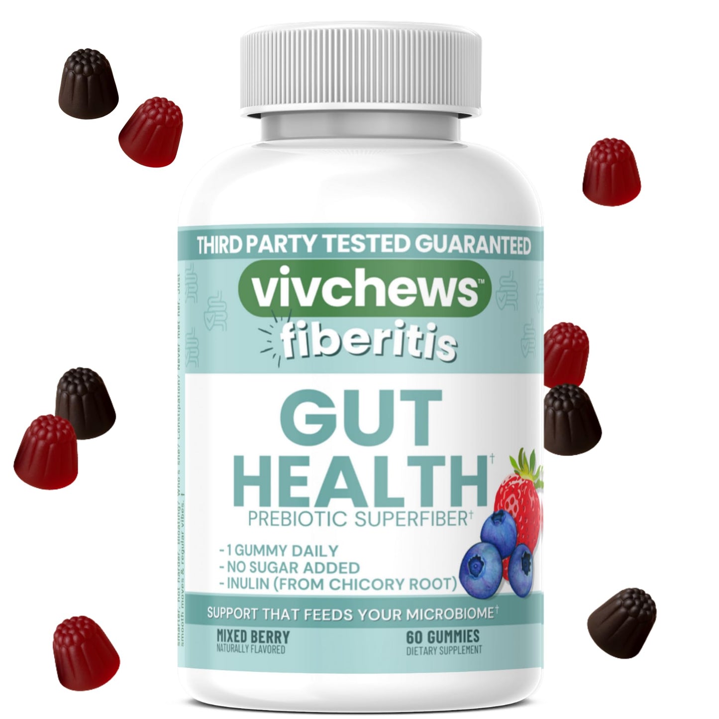 vivchews Gut Health Gummies – Prebiotic Fiber for Bloating Relief, No Sugar Added, Non-GMO, Fruit Pectin Based, Gluten-Free, No Artificial Colors, - Maple Wellness Supplements