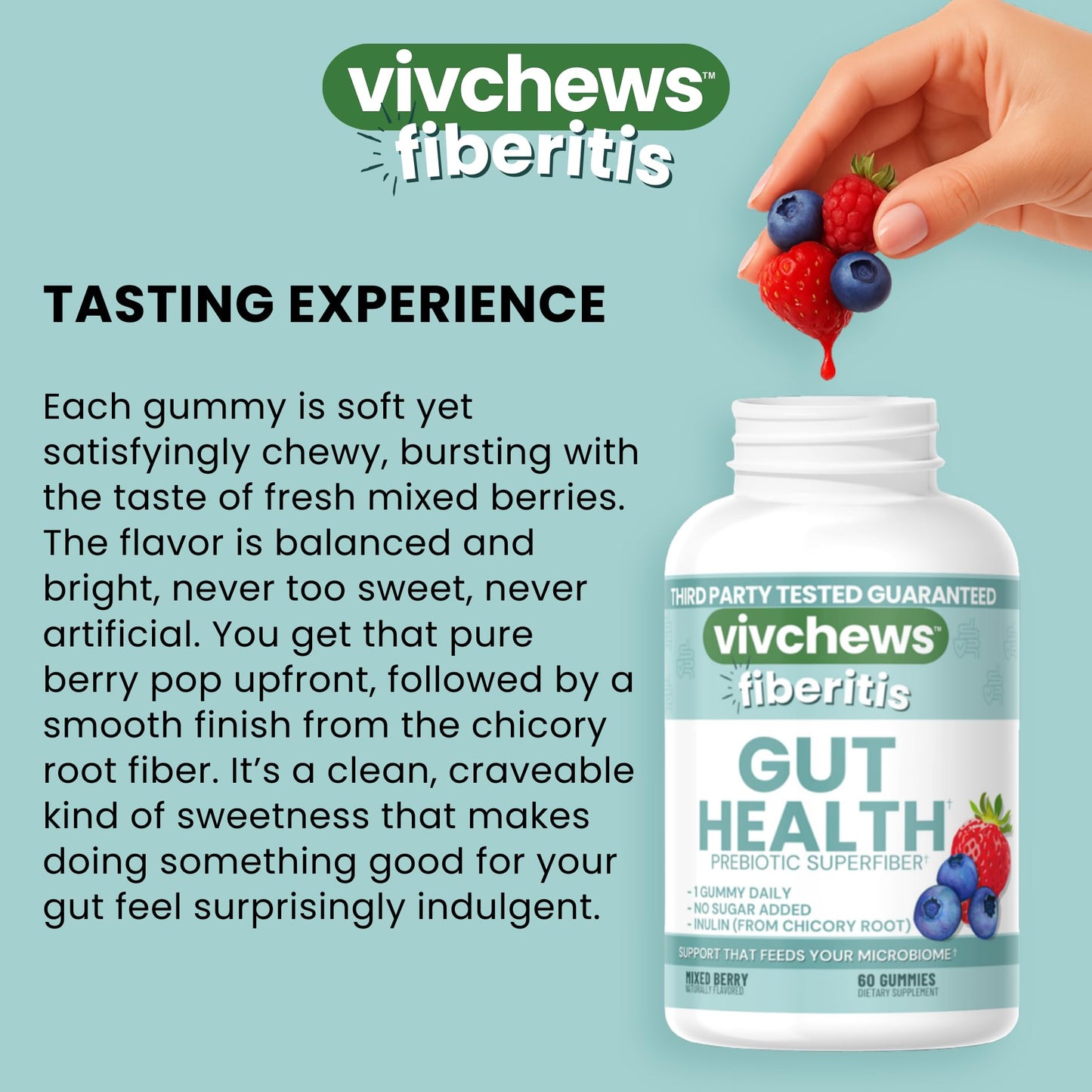 vivchews Gut Health Gummies – Prebiotic Fiber for Bloating Relief, No Sugar Added, Non-GMO, Fruit Pectin Based, Gluten-Free, No Artificial Colors, - Maple Wellness Supplements
