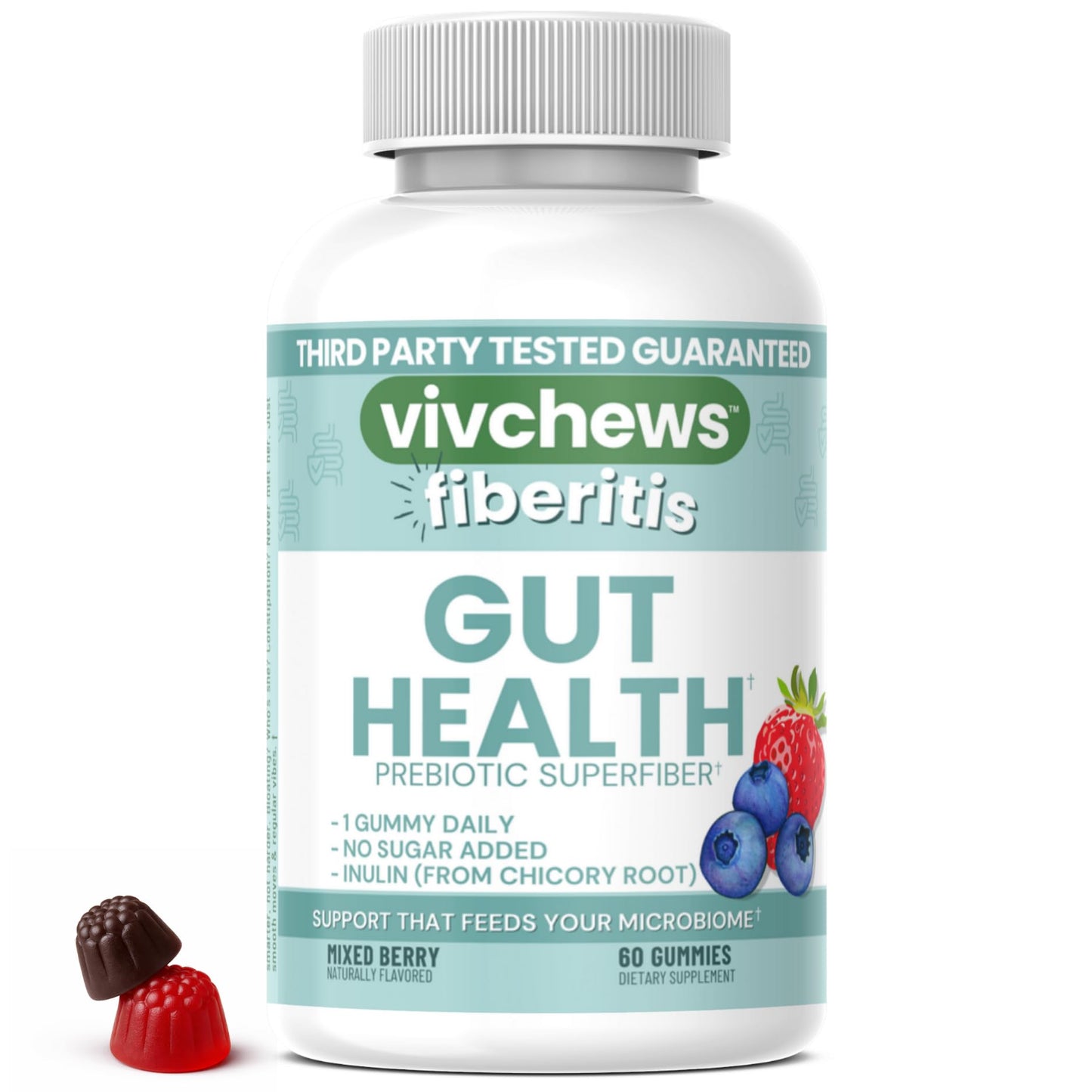 vivchews Gut Health Gummies – Prebiotic Fiber for Bloating Relief, No Sugar Added, Non-GMO, Fruit Pectin Based, Gluten-Free, No Artificial Colors, - Maple Wellness Supplements