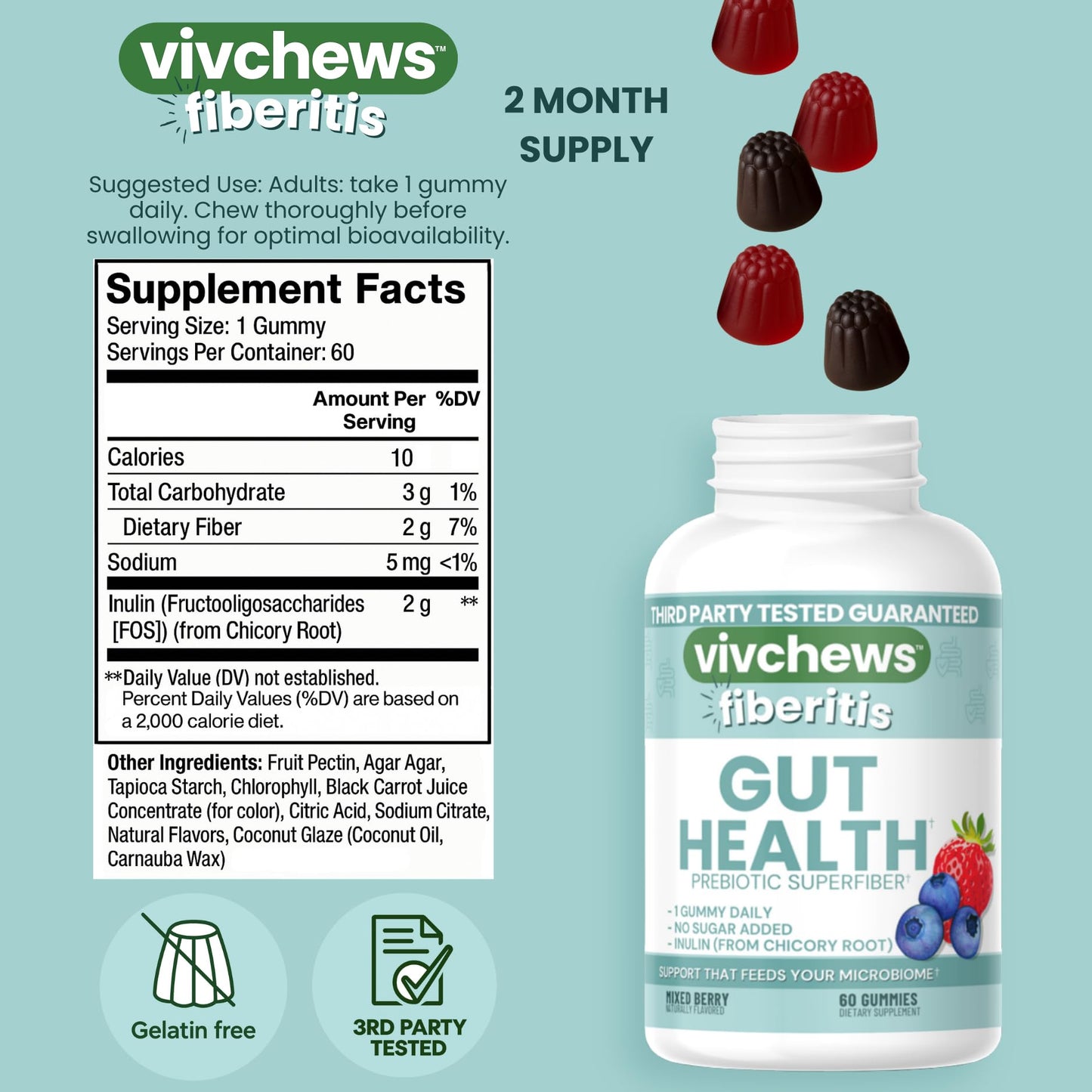 vivchews Gut Health Gummies – Prebiotic Fiber for Bloating Relief, No Sugar Added, Non-GMO, Fruit Pectin Based, Gluten-Free, No Artificial Colors, - Maple Wellness Supplements