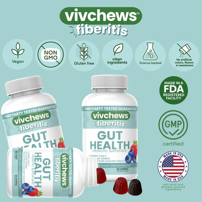 vivchews Gut Health Gummies – Prebiotic Fiber for Bloating Relief, No Sugar Added, Non-GMO, Fruit Pectin Based, Gluten-Free, No Artificial Colors, - Maple Wellness Supplements