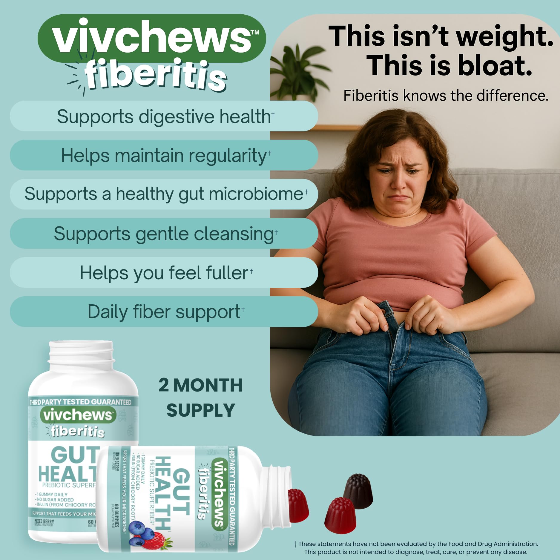 vivchews Gut Health Gummies – Prebiotic Fiber for Bloating Relief, No Sugar Added, Non-GMO, Fruit Pectin Based, Gluten-Free, No Artificial Colors, - Maple Wellness Supplements
