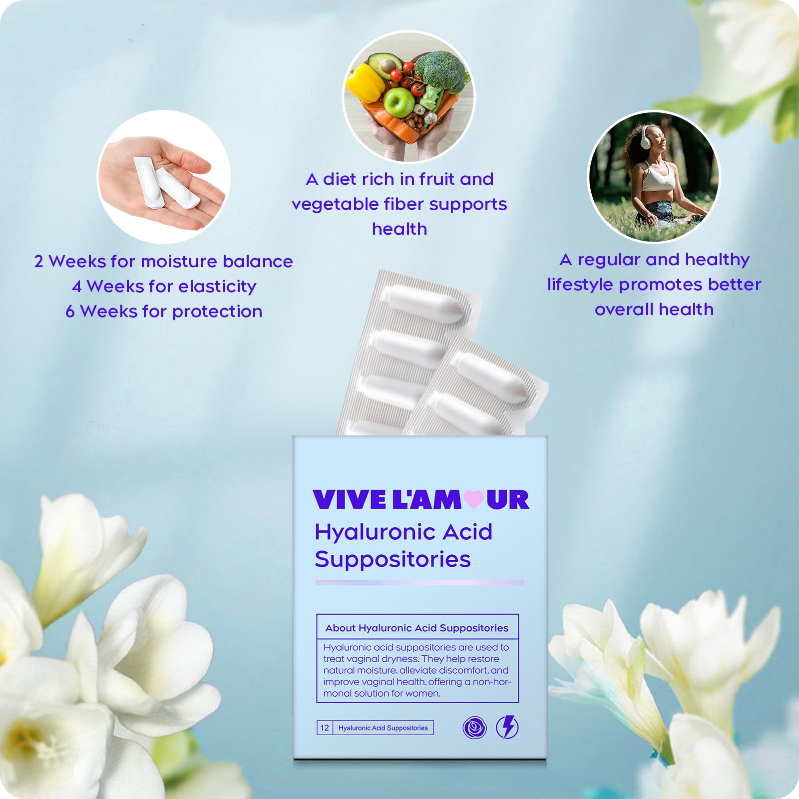 Vive L'Amour 15mg Hyaluronic Acid Vaginal Suppositories (2-Pack, 24 Count), Vaginal Moisturizer, Continuous Hydration, Relieves Vaginal Dryness, Restores Natural Softness & Elasticity, Vaginal Health - Maple Wellness Supplements