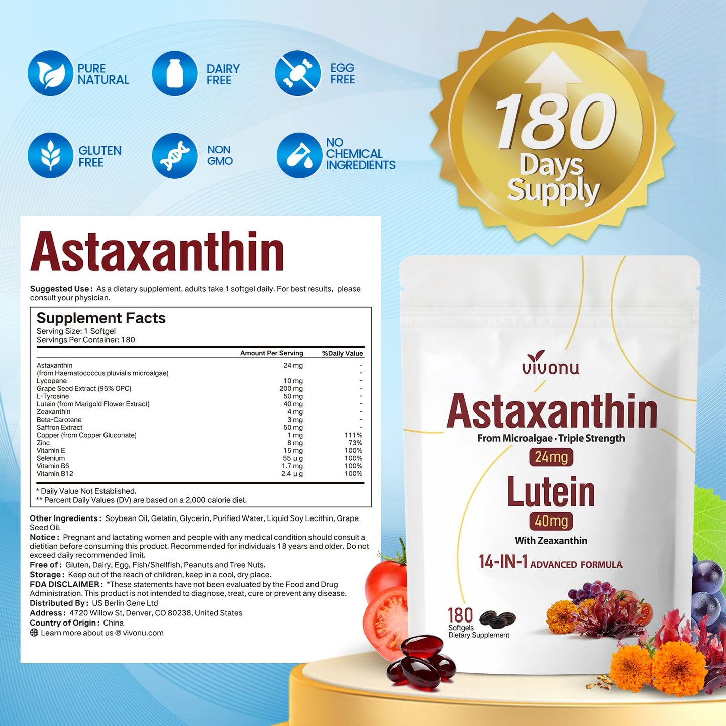 VivoNu 14-in-1 Astaxanthin 24mg & Lutein 40mg with Zeaxanthin Supplements, 6 Month Supply, Fresh Microalgae Source, Gluten Free Non-GMO, Supports Eye - Maple Wellness Supplements