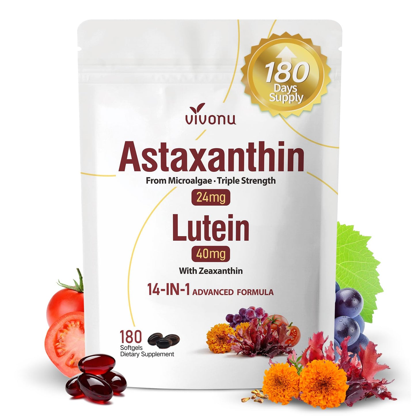 VivoNu 14-in-1 Astaxanthin 24mg & Lutein 40mg with Zeaxanthin Supplements, 6 Month Supply, Fresh Microalgae Source, Gluten Free Non-GMO, Supports Eye - Maple Wellness Supplements