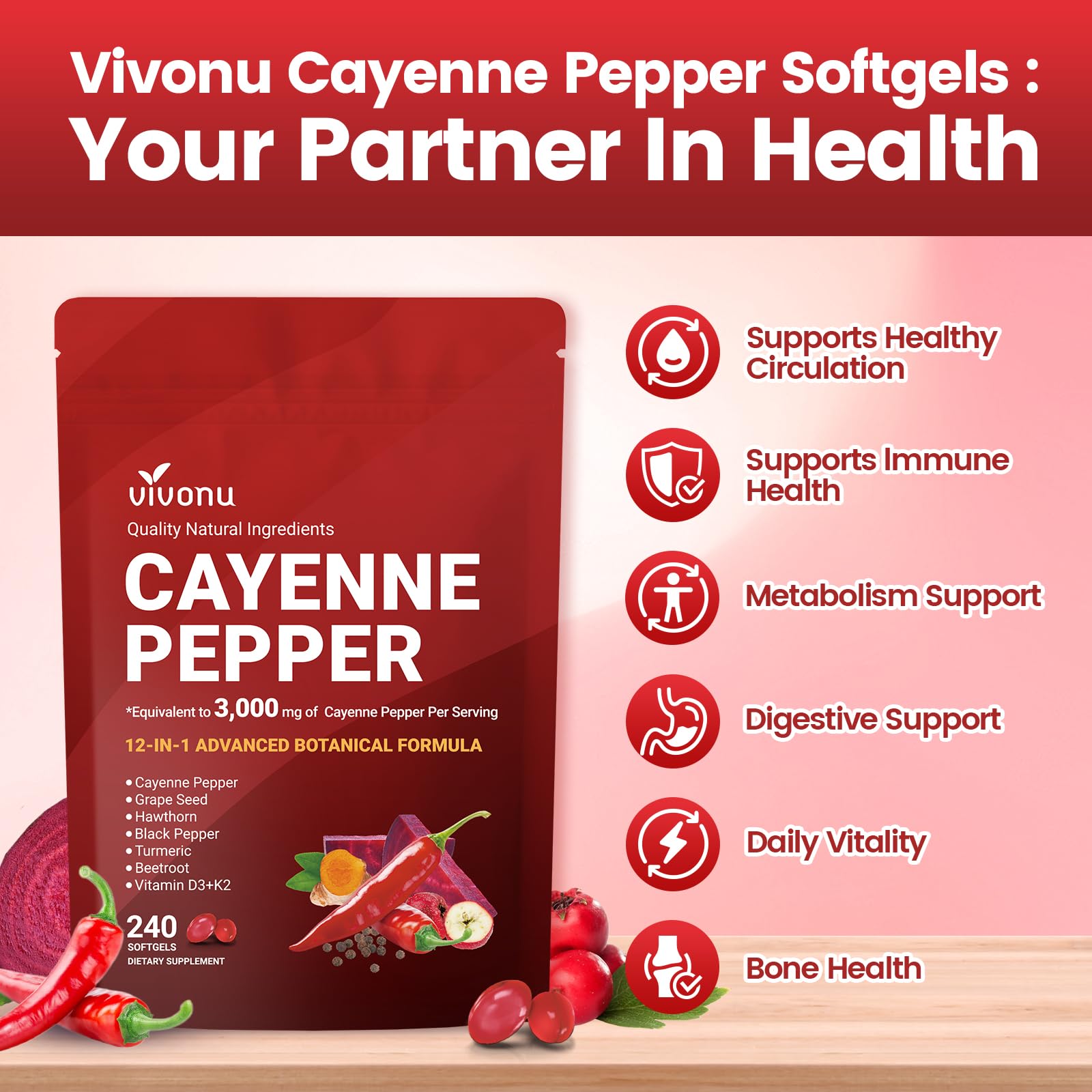 VivoNu Cayenne Pepper Softgels Supplement, Supports Leg Vein, Heart and Blood Vessel Health, with Vitamin E D3+K2 and Extracts of Grape Seed, Hawthorn - Maple Wellness Supplements