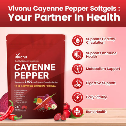 VivoNu Cayenne Pepper Softgels Supplement, Supports Leg Vein, Heart and Blood Vessel Health, with Vitamin E D3+K2 and Extracts of Grape Seed, Hawthorn - Maple Wellness Supplements