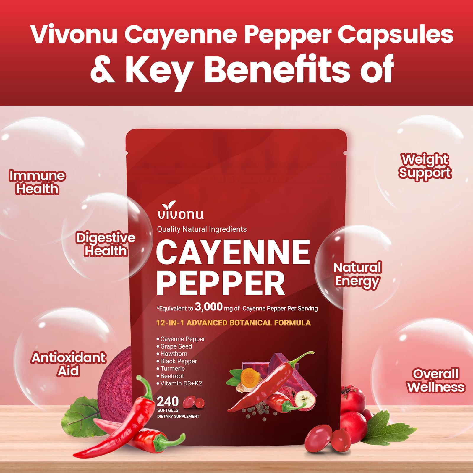 VivoNu Cayenne Pepper Softgels Supplement, Supports Leg Vein, Heart and Blood Vessel Health, with Vitamin E D3+K2 and Extracts of Grape Seed, Hawthorn - Maple Wellness Supplements