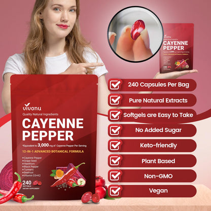 VivoNu Cayenne Pepper Softgels Supplement, Supports Leg Vein, Heart and Blood Vessel Health, with Vitamin E D3+K2 and Extracts of Grape Seed, Hawthorn - Maple Wellness Supplements
