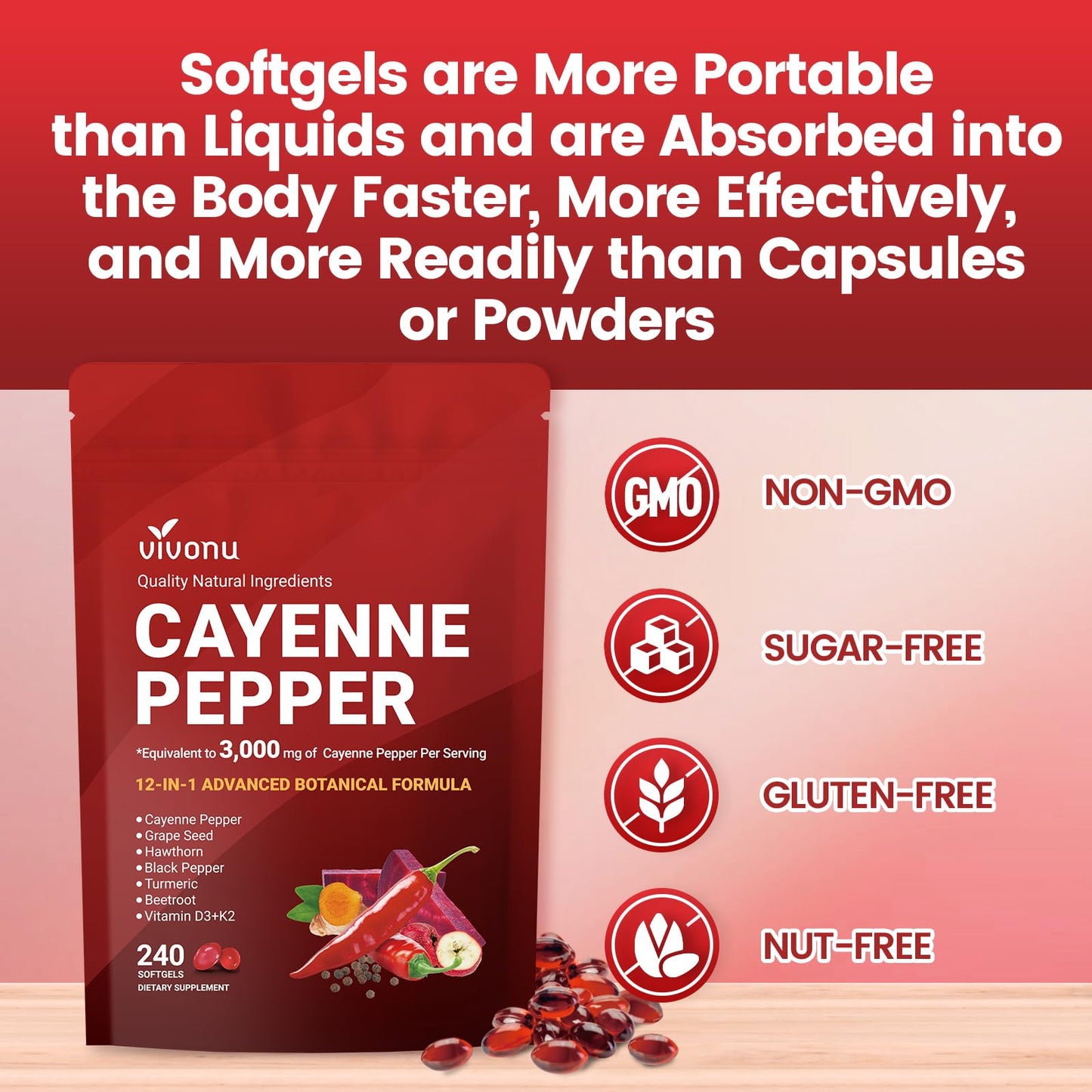 VivoNu Cayenne Pepper Softgels Supplement, Supports Leg Vein, Heart and Blood Vessel Health, with Vitamin E D3+K2 and Extracts of Grape Seed, Hawthorn - Maple Wellness Supplements