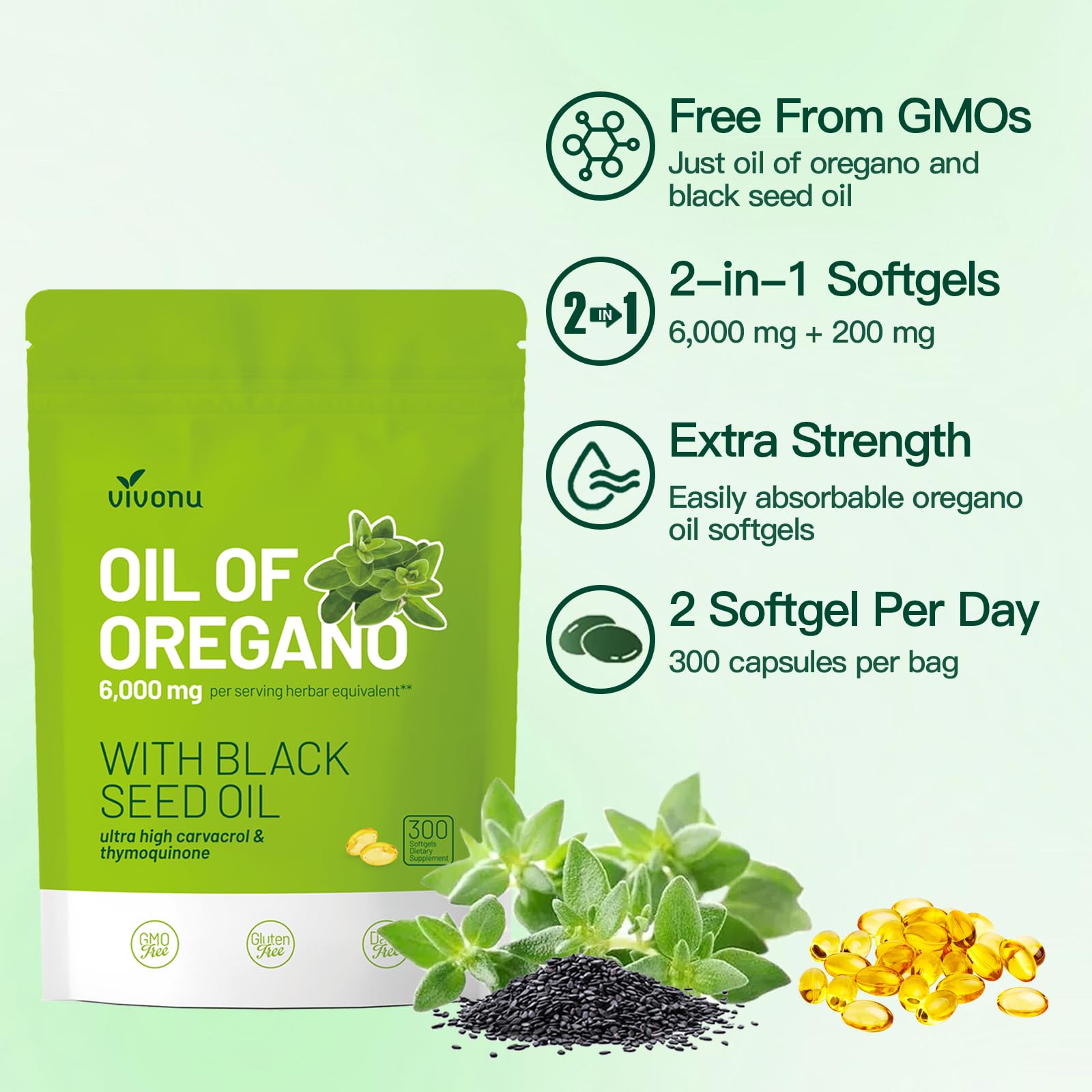 VivoNu Oil of Oregano with Black Seed Oil, Balanced Oil of Oregano Capsules, 300 Count Organic OreganoOil Softgels - Maple Wellness Supplements