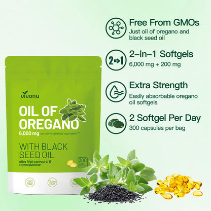 VivoNu Oil of Oregano with Black Seed Oil, Balanced Oil of Oregano Capsules, 300 Count Organic OreganoOil Softgels - Maple Wellness Supplements