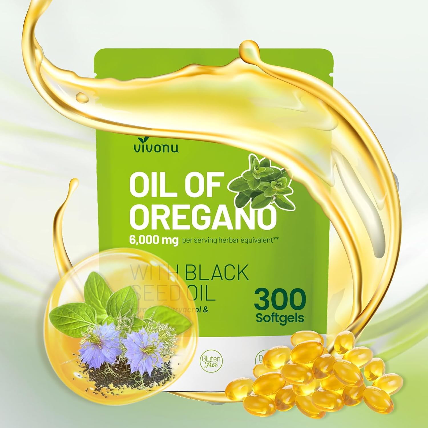 VivoNu Oil of Oregano with Black Seed Oil, Balanced Oil of Oregano Capsules, 300 Count Organic OreganoOil Softgels - Maple Wellness Supplements