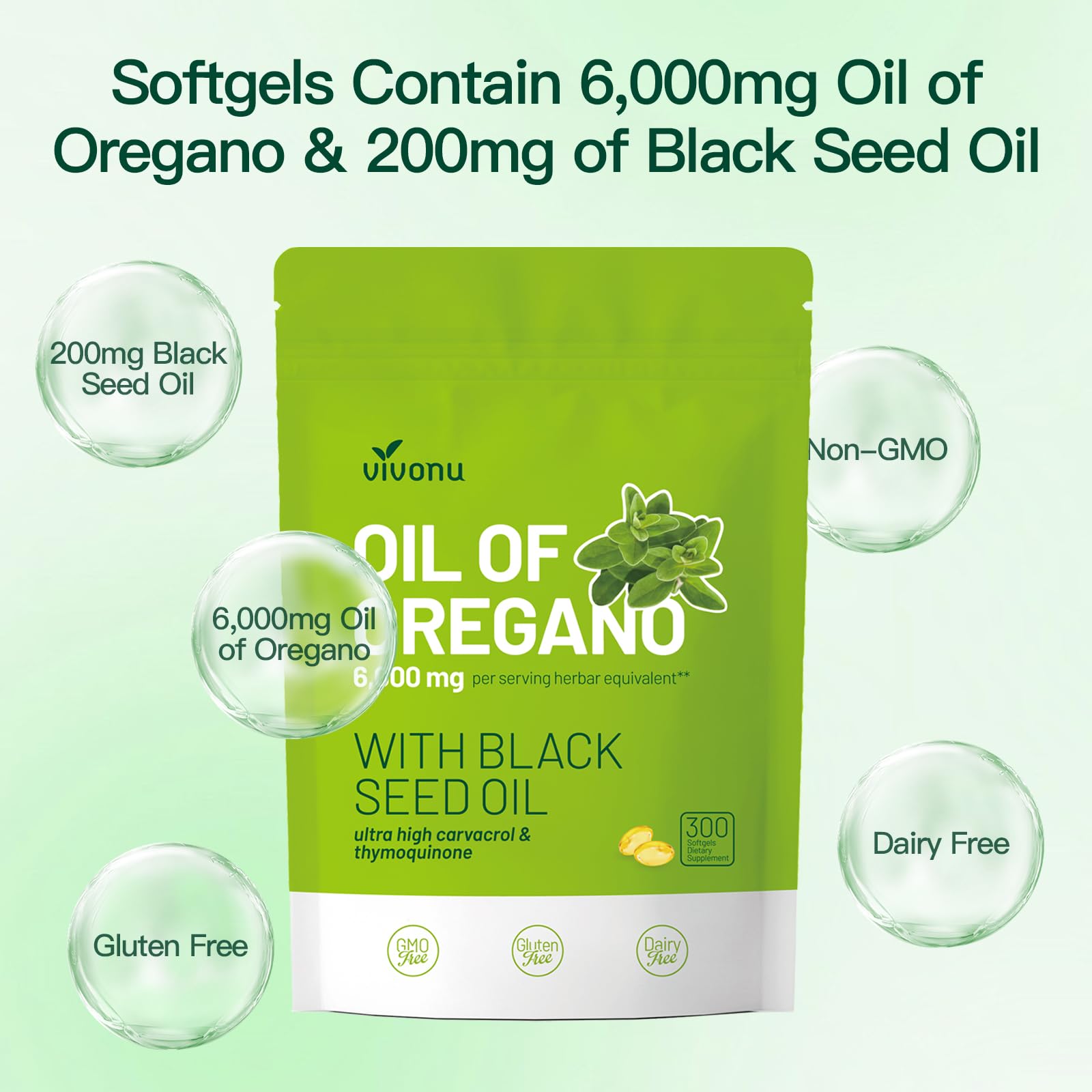VivoNu Oil of Oregano with Black Seed Oil, Balanced Oil of Oregano Capsules, 300 Count Organic OreganoOil Softgels - Maple Wellness Supplements