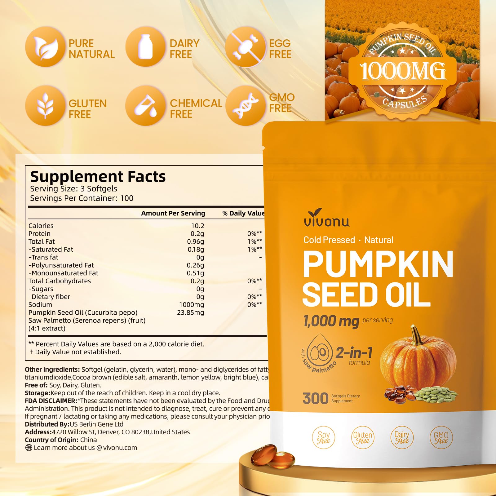 VivoNu Pumpkin Seed Oil with Saw Palmetto Capsules | Cold Pressed, Pure Virgin Oil, Essential Fatty Acids & Phytosterols | 300 SoftgelsSupports Hair, Urinary - Maple Wellness Supplements