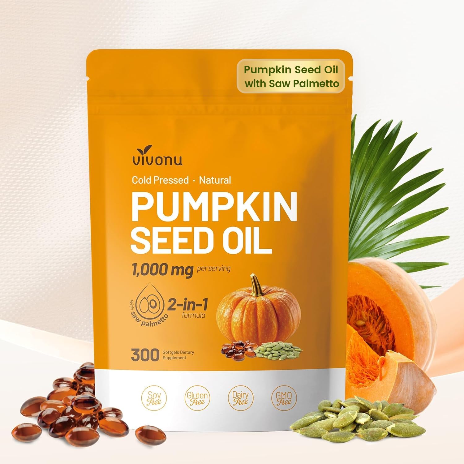 VivoNu Pumpkin Seed Oil with Saw Palmetto Capsules | Cold Pressed, Pure Virgin Oil, Essential Fatty Acids & Phytosterols | 300 SoftgelsSupports Hair, Urinary - Maple Wellness Supplements