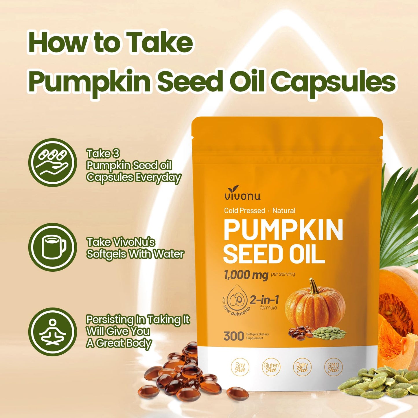 VivoNu Pumpkin Seed Oil with Saw Palmetto Capsules | Cold Pressed, Pure Virgin Oil, Essential Fatty Acids & Phytosterols | 300 SoftgelsSupports Hair, Urinary - Maple Wellness Supplements