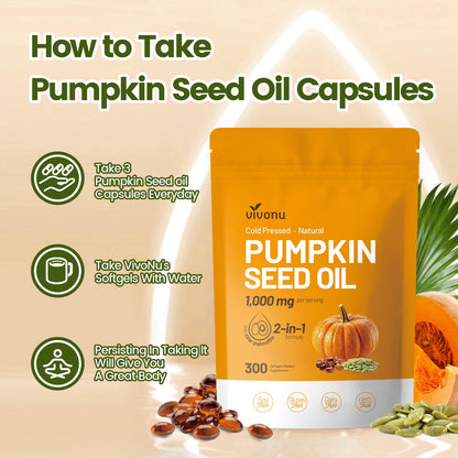 VivoNu Pumpkin Seed Oil with Saw Palmetto Capsules | Cold Pressed, Pure Virgin Oil, Essential Fatty Acids & Phytosterols | 300 SoftgelsSupports Hair, Urinary - Maple Wellness Supplements