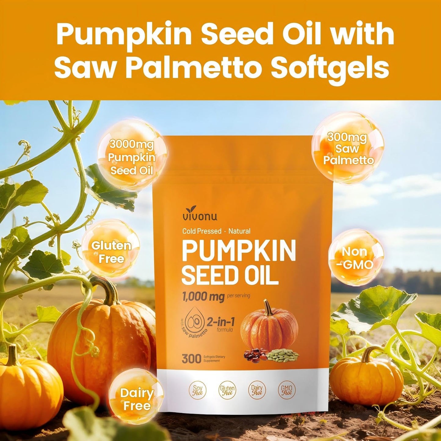 VivoNu Pumpkin Seed Oil with Saw Palmetto Capsules | Cold Pressed, Pure Virgin Oil, Essential Fatty Acids & Phytosterols | 300 SoftgelsSupports Hair, Urinary - Maple Wellness Supplements